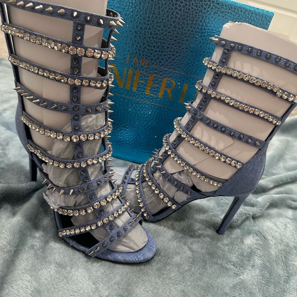 Jennifer Le Denim Rhinestone Studded Heels